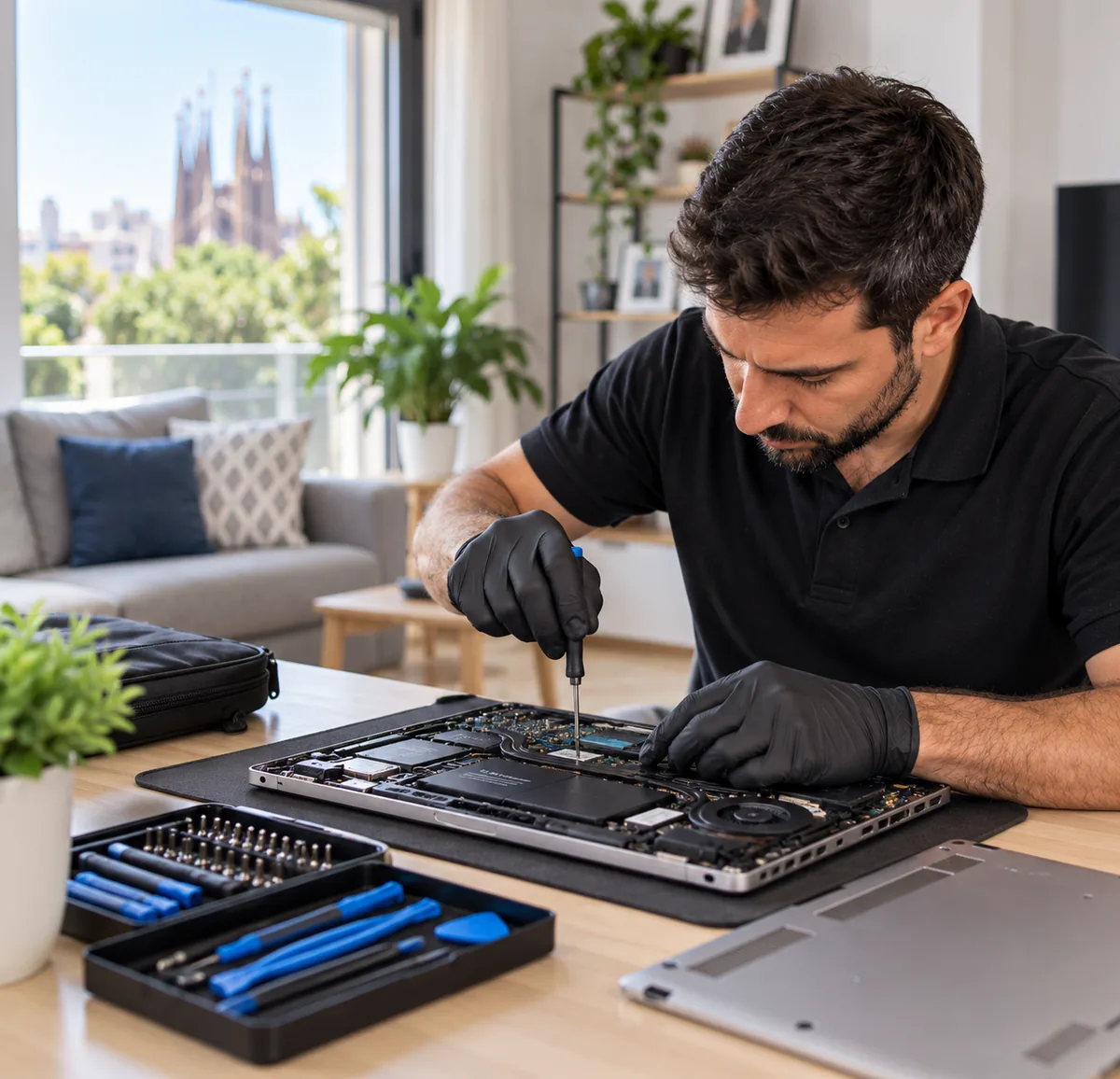 Técnico reparando placa electrónica en Barcelona Técnico informático a domicilio en Barcelona reparando un portátil